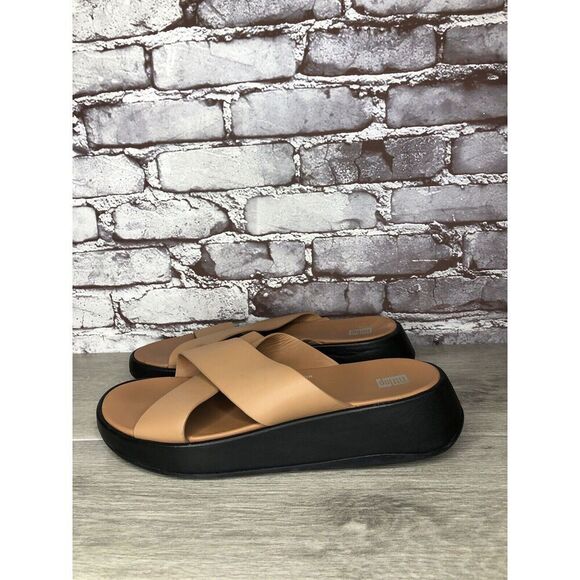 Fitflop F-Mode Brown Leather Flatform Cross Strap Slides Women’s Sz 10M US/42EU - Picture 16 of 16